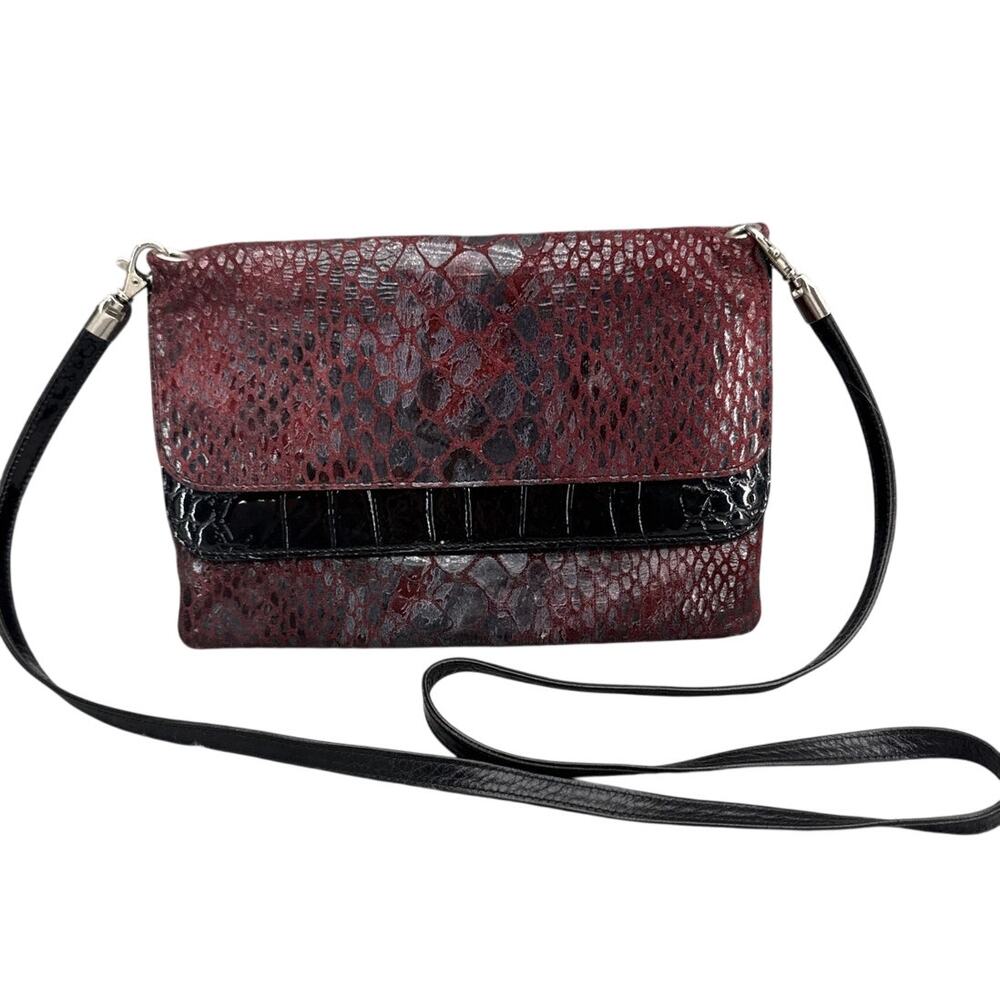 Due Fratelli Vintage Red Black Snake Print Leather Crossbody Shoulder Bag Purse